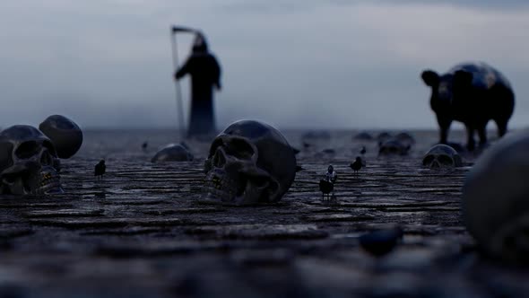 Fearful Death Executioner and Skulls on the Ground