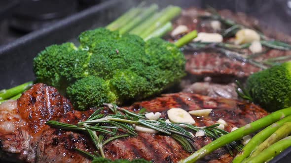 Cooking Beef on Grill Frying Pan