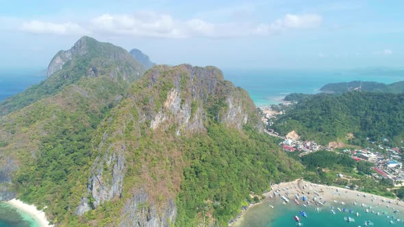 Aerial View of Beach, Sea and Mountain on Sunny Day. El Nido, Palawan, Tropical Landscape Hill