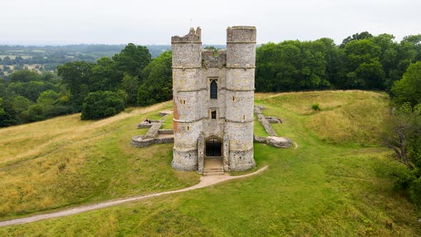 Aerial backward ascendant at Donnington medieval castle in Berkshire county, England