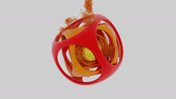 Abstract red and yellow cube with smoothed angles and orange particles