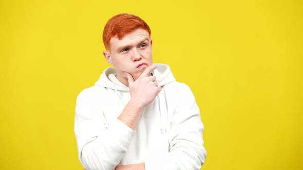 Portrait of Thoughtful Redhead Young Man Touching Face Looking at Camera