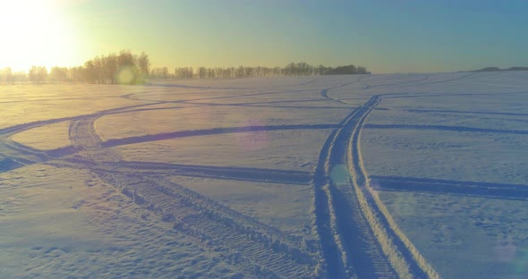 Aerial Drone View of Cold Winter Landscape with Arctic Field, Trees Covered with Frost Snow and