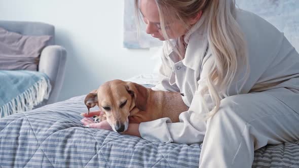 Elegant Beautiful Blonde Woman Simple Clothes Plays with Cute Adorable Brown Dog Dachshund in the