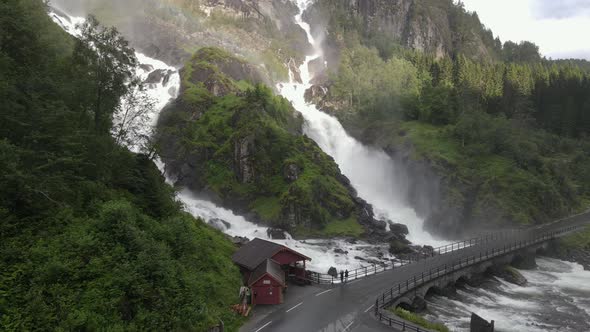 Steady drone footage of  famous Latefossen waterfall in Norway