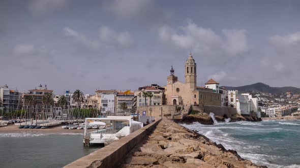 Sea Wall and Town Sitges Near Barcelona Spain