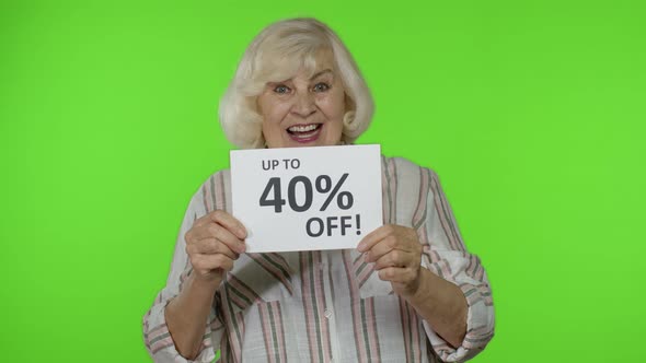 Senior Grandmother Showing Up To 40 Percent Off Inscription Sign, Rejoicing Discounts, Low Prices
