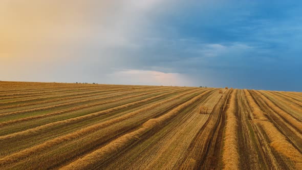 Aerial View Of Sunset Bright Sky Above Summer Field Landscape In Evening