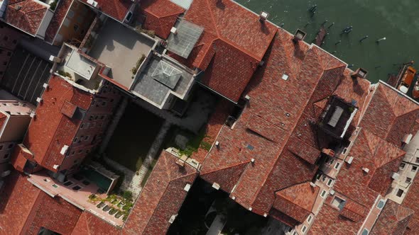 Top Down View of Moored Empty Venetian Gondolas in Venice Italy