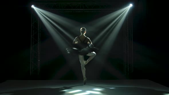 Silhouette a Ballerina in Black Tutu and Pointe Ballet Shoes. Graceful Dancing of Elements Classical