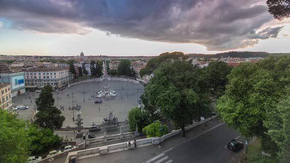 Aerial View of the Large Urban Square the Piazza Del Popolo Timelapse Rome at Sunset