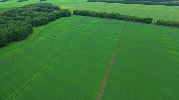 Drone View of Tractor Fertilizing Green Agricultural Field.