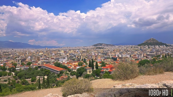 Cityscape of Athens, Greece including the Ancient Agora of Athens