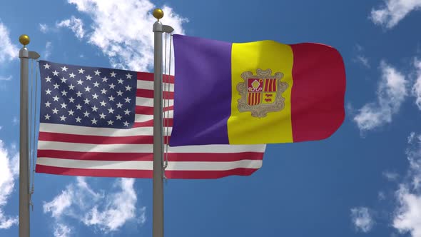 Usa Flag Vs Andorra Flag On Flagpole