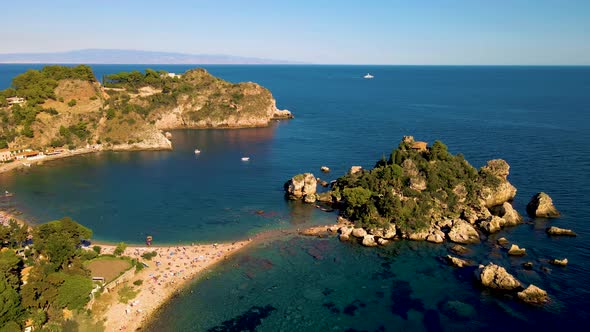 Taormina Sicily Isola Bella Beach From the Sky Aerial View Voer the Island and the Beach By Taormina