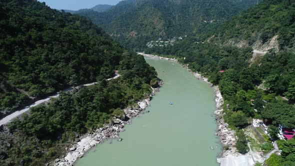 The Ganges river near Rishikesh state of Uttarakhand in India seen from the sky