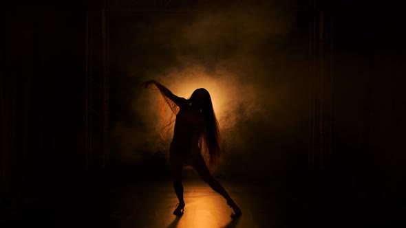Sensual Young Woman Dancing and Swinging Her Long Hair in a Dark Smoky Studio Against a Backdrop of