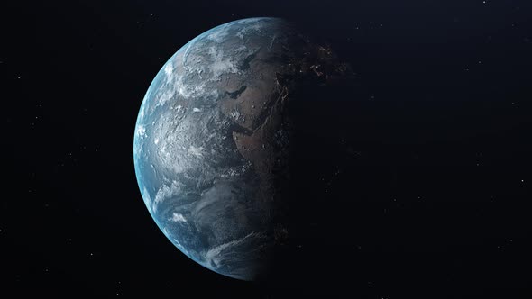 Realistic Earth in Space Rotating and Drifting Away Stars in Background