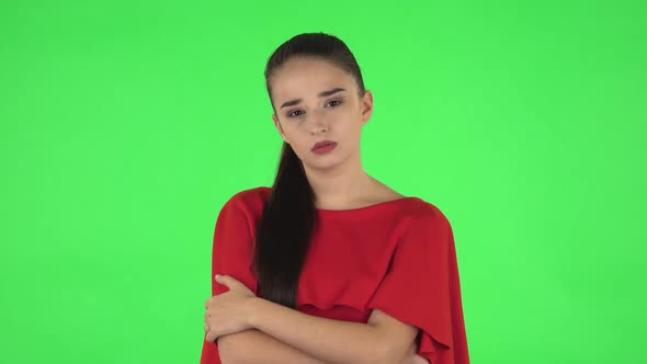 Portrait of Pretty Young Woman Is Listening Attentively and Nodding His Head. Green Screen