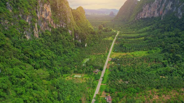 Drone are flying over the road and mountains