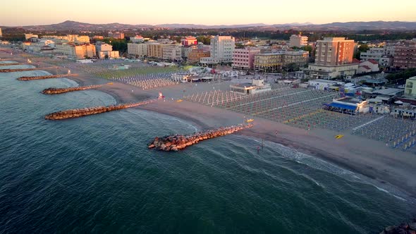 The Aerial View of the Blue Water of the Beach in Rimini Italy