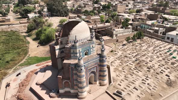 An aerial shot of Uch Sharif Jawindi Bibi Tomb breathtaking picturesque View on a sunny blue sky day