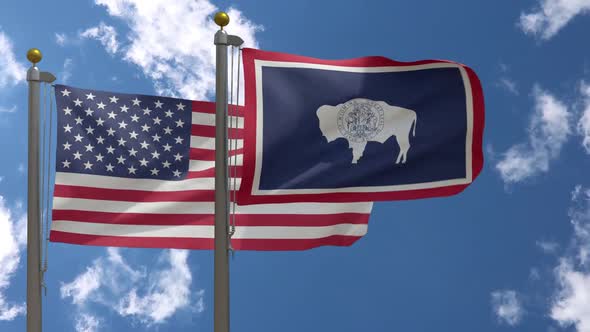 Usa Flag Vs Wyoming State Flag  On Flagpole