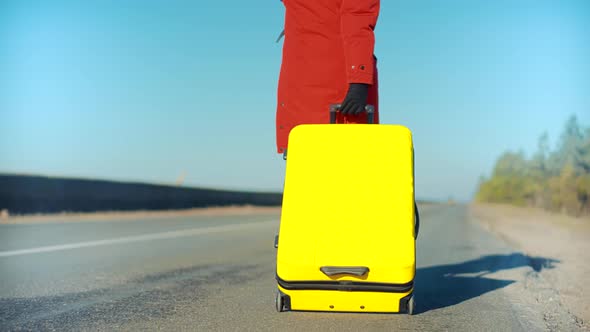 Walking With Yellow Travel Bag. Wife Left Her Husbands After Quarrel. Tourist Travelling Mood.