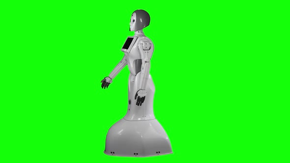 Robot Is Standing and with a Hand Gesture Calls To Itself. Green Screen. Side View