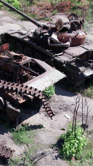 Vertical Video of a War in Ukraine  Destroyed Military Hardware