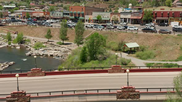 Aerial reveal of Downtown Pagosa Springs, Colorado