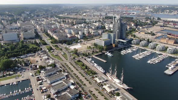 Flying over Gdynia city at the Baltic Sea in Poland, Europe