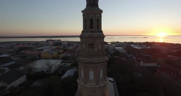 Aerial of downtown Charleston sunrise with Saint Philips Church