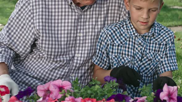 Grandfather Teaching Boy How to Remove Weeds