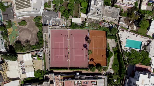 Luxury Tennis Courts at Country Club on Island of Capri, Italy - Aerial Overhead Top Down View