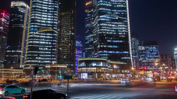 Beijing Night Street Traffic Aerial Cityscape Panorama China Timelapse Pan Up