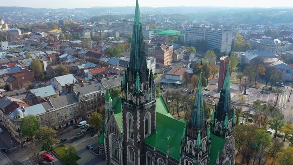 Aerial Video of Saint Olga and Elizaveta Church in Central Part of Old City of Lviv, Ukraine