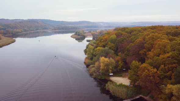 landscape river near the hills. autumn. Aerial view. alt