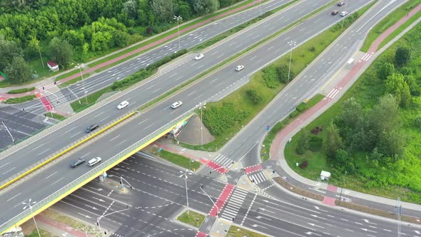 Aerial view of highway interchange. Traffic. Transport concept