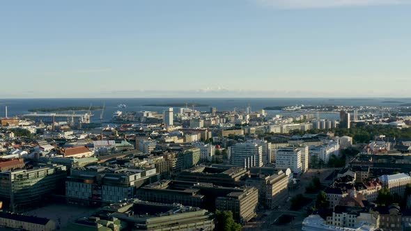 Slow aerial pan of buildings in the city of Helsinki, Finland.