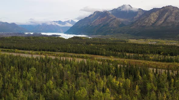 Aerial flyover spruce forest treetops in Portage vale with a view of majestic Philip Smith Mountains