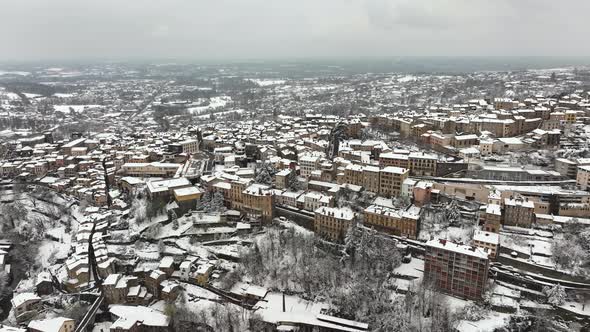 Aerial Winter Landscape of Dense Historic Center of Thiers Town in PuydeDome Department