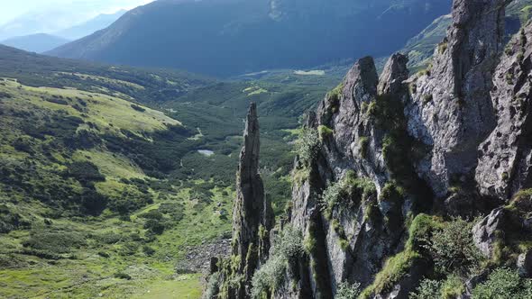 Aerial view of rocky peak of Spitz mountain in the Carpathian mountains