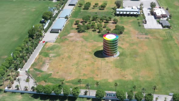 Empty and desolate Empire polo club colorful round tower building at Coachella Valley Music Arts Fes