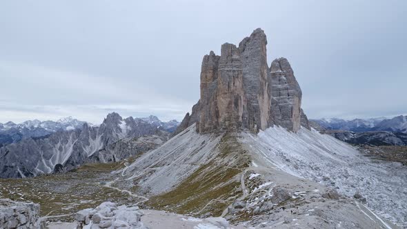 View of famous Tre Cime peaks in Tre Cime di Lavaredo National Park, Dolomiti Alps, Italy