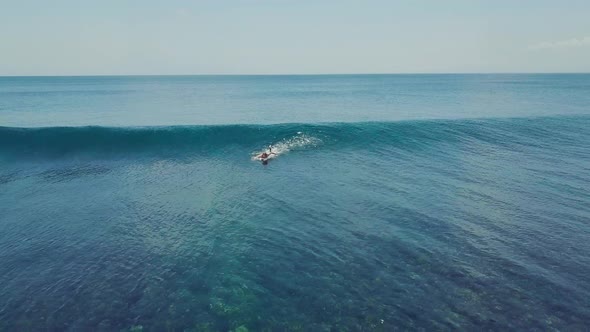 A Surfer in the Ocean Paddles, Stands on the Board and Ride the Waves.