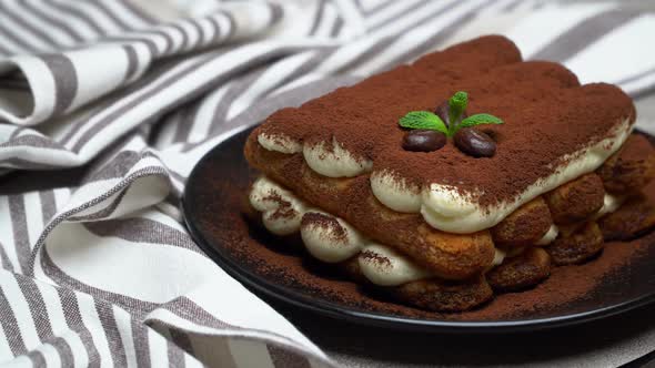 Classic Tiramisu Dessert and Savoiardi Cookies on Ceramic Plate on Concrete Background