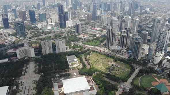 Aerial view of cityscape with high rise, tall buildings with business district