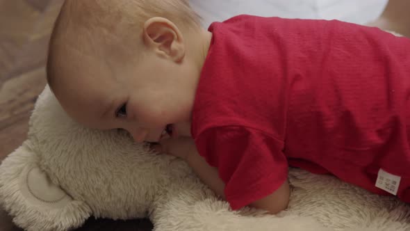 Caucasian Baby Toddler in Red Tshirt Playing Floor Teddy Bear Hugging Touching