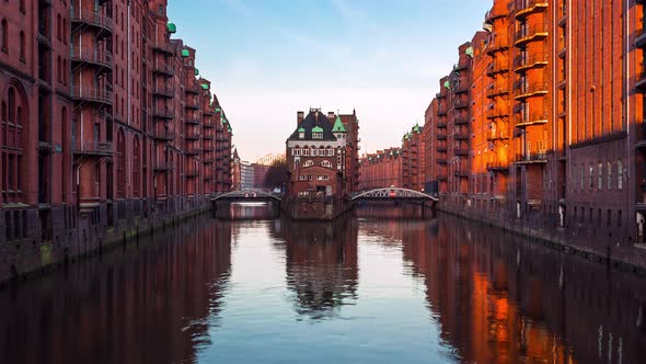 Night to Day Time Lapse of Sunrise Warehouse District, Hamburg, Germany